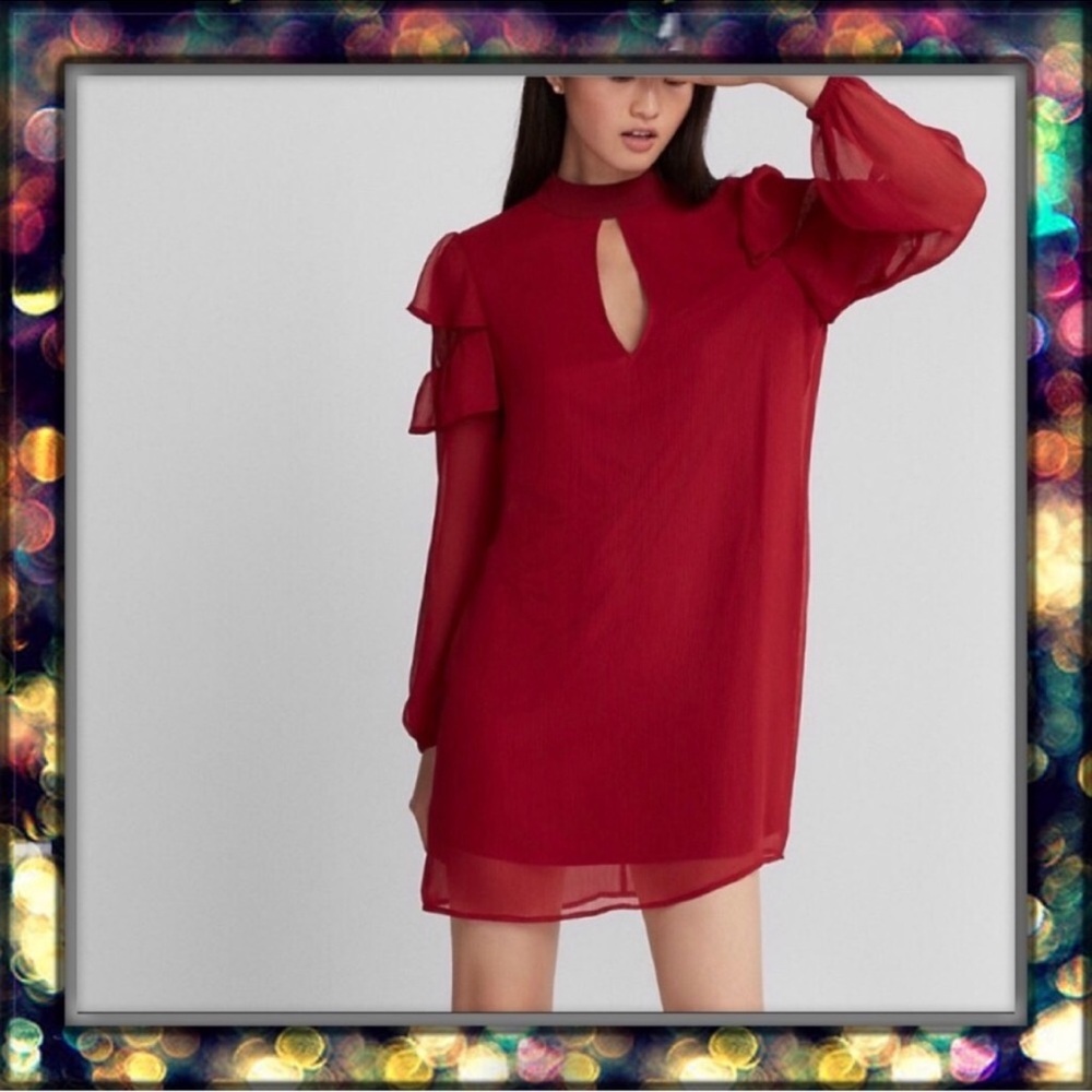 {Express} Cut Out Chock Mock Neck Sheath Red Mini Flowy Ruffle Dress